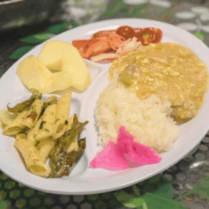 ネオアス村地域食堂で提供提供した親子丼やパスタサラダなどが盛り付けられているプレートの写真